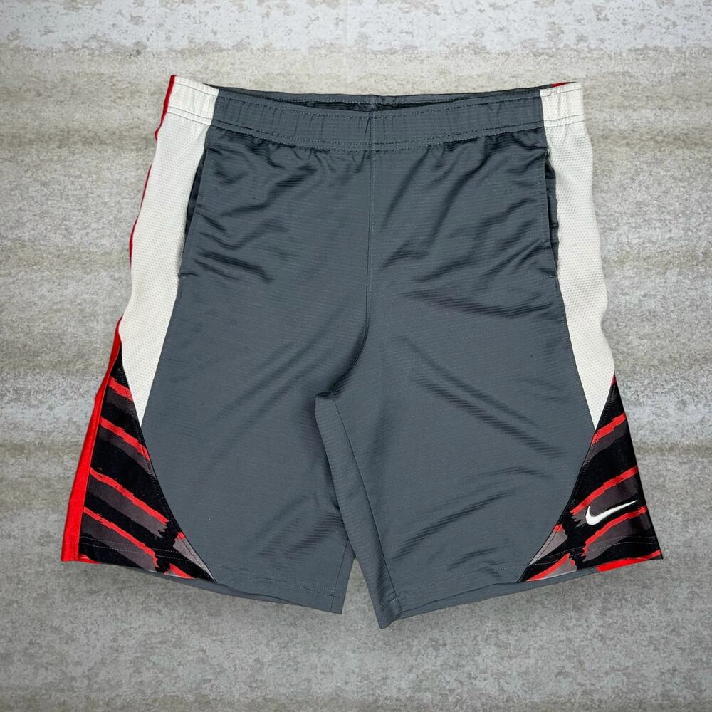 Vintage Y2K Nike Gym Shorts Mens M Grey Polyester White Swoosh Red 9" Inseam
